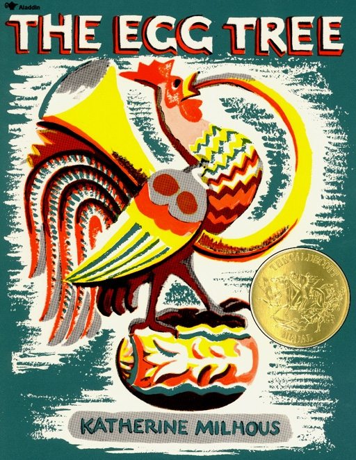 The cover of The Egg Tree shows a rooster standing on an egg and blowing a large horn.