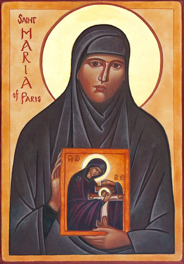 Maria of Paris holding an icon of the Theotokos holding an icon of the Crucifixion