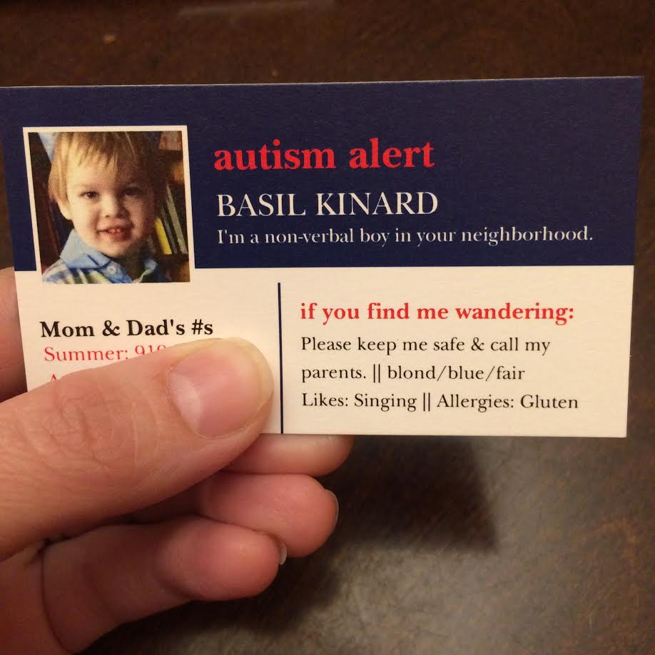 A card the size of a business card has the nonverbal child's name and picture, as well as brief information that would help someone reunite him with his family.
