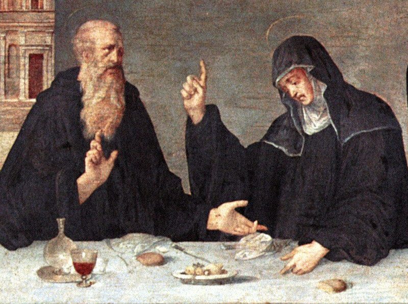 St. Scholastica and her twin brother Benedict, sharing a meal.