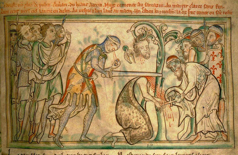 A manuscript page depicting the beheading of St. Alban