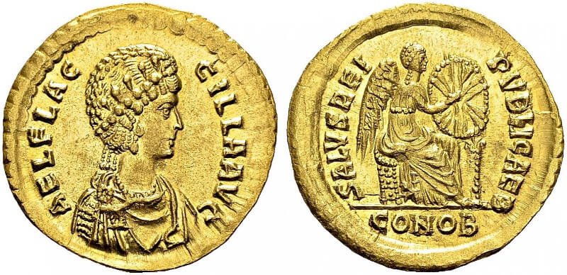 A coin with the bust of Saint Placilla (who wasa also known as Aelia Flaccilla)