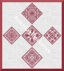 blackwork embroidery pattern for five Christmas ornaments