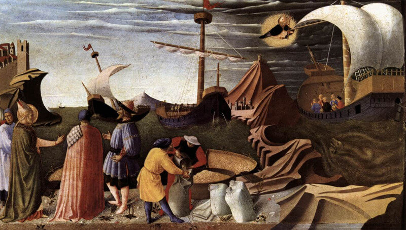 Saint Nicholas guides a ship full of grain to Myra to deliver Lycia from famine