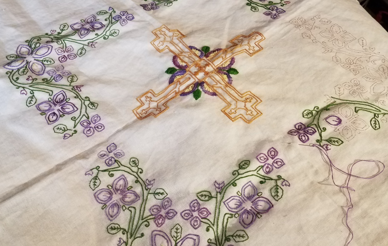 hand-embroidered blackwork Pascha basket cover in progress