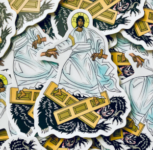 Stickers with Jesus from the Anastasis icon, with the gates of Hell on the devil's back